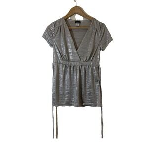 Vintage Y2K Standard USA Women Silver Babydoll Top M Tie Back Retro Indie Sleaze